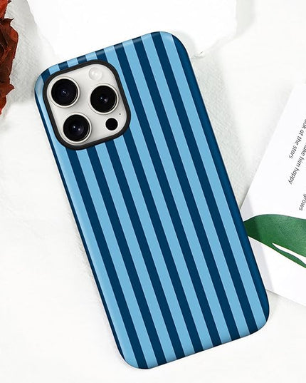 Magnetic for iPhone 15 Pro Case Cute Stripes Phone Case, Shockproof Slim TPU and Hard PC Protective Phone Cover Compatible with MagSafe Designed for Women Girls, Lake Blue