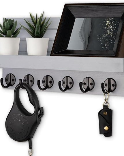Lwenki Key Holder Wall Mount, Entryway Key and Mail Holder with 7 Sturdy Hooks for Sunglasses, Dog Leash, Decorative Wall Shelf with Mounting Hardware, 15”W x 6.7”H x 4.2”D (Gray)