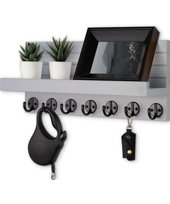 Lwenki Key Holder Wall Mount, Entryway Key and Mail Holder with 7 Sturdy Hooks for Sunglasses, Dog Leash, Decorative Wall Shelf with Mounting Hardware, 15”W x 6.7”H x 4.2”D (Gray)