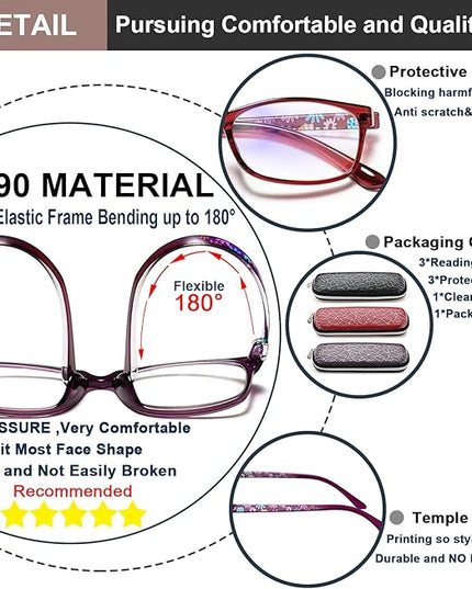 EYEURL Reading Glasses for Women-Blue Light Blocking For Women-3 Pack Computer Readers 1.0 Spring Hinge Anti UV Ray/Eye Strain/Glare Eyeglasses