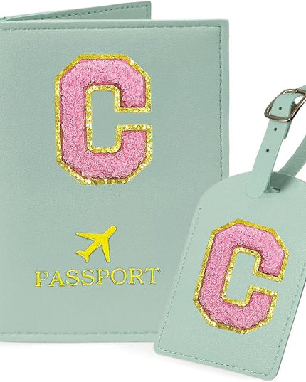 COSHAYSOO Initial Passport Cover Luggage Tag Set Letter Passport Holder Airplane Cruise Travel Essentials Vacation Traveling Accessories Personalized Gifts for Women Teen College Girls Teal C