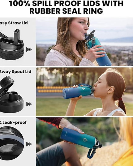 Insulated Water Bottle 40 oz, Triple Wall Vacuum Stainless Steel (Cold for 48 Hrs), Leak Proof & Non-BPA, Modern Water Flask Jug with Paracord Handle & Straw Spout Lids, Cyan Blue