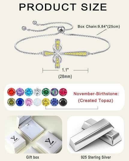 YL Cross Bracelet 925 Sterling Silver Infinity Sideways Link Bracelet Birthstone Jewelry for Women