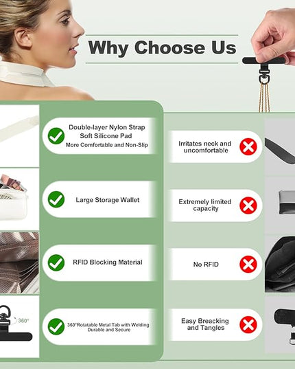 Clip and Go Strap for Phone with Wallet Crossbody, Adjustable Phone Lanyard with Detachable RFID Wristlet Wallet & Ultra-Thin 360° Rotatable Metal Tabs for All Smartphones (Cream)