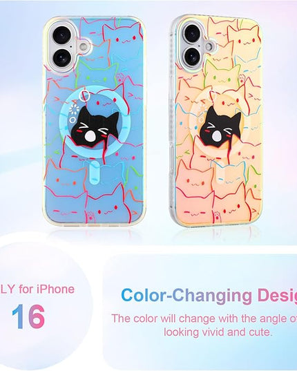 Cute Case for iPhone 16 Case for Women Girls Boys [ Compatible with Magsafe ] Iridescent and Black Cats Cat Pattern Design, Kawaii Colorful Animal Soft Bumper Protective Phone Cover