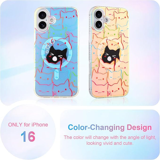 Cute Case for iPhone 16 Case for Women Girls Boys [ Compatible with Magsafe ] Iridescent and Black Cats Cat Pattern Design, Kawaii Colorful Animal Soft Bumper Protective Phone Cover