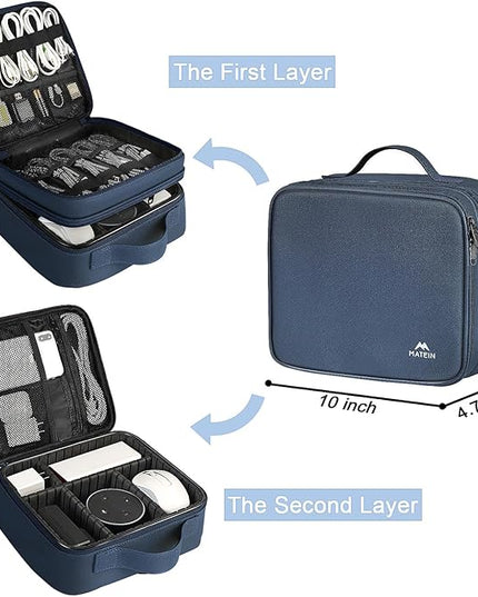MATEIN Cord Organizer Case with Adjustable Divider, DJ Cable File Bag for Electronic Storage, USB Cable, Charger, Tech Accessories, Shockproof Portable Double Layer Cord Bags, Blue