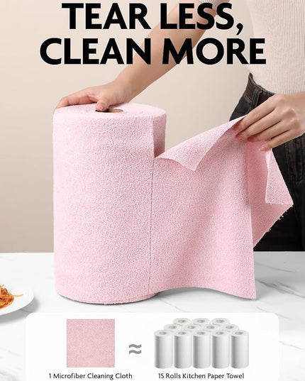 Fantasticlean Microfiber Cleaning Cloth Roll -150 Pack, Tear Away Microfiber Towels, 12" x 12", Reusable, Washable, Ultra Absorbent Dishcloth for All-Around Cleaning Supplies (Pink & Lavender)