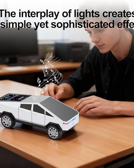 Futuristic Pickup Truck Replica Bluetooth Speaker with LED Display Screen – TWS Stereo, FM, USB/TF Playback, LED Lights, Built-in Mic, Gift for Car Lovers & Tech Fans (Silver)
