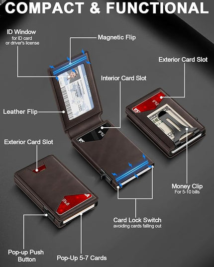 GHUKY Wallet for Men RFID Wallet with Money Clip, Slim Pop Up Card Holder for 10-12 Cards, Minimalist Smart Credit Card Case with ID Window, Bifold Metal Wallet for Front Pocket, Gifts for Men