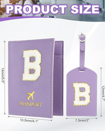 PATIKIL Passport Holder for Travel, Initial Passport Cover and Luggage Tag Set with Alphabet Chenille Letter Patch Travel Wallet Bag Suitcase Identifier for Women Family Travel Purple B
