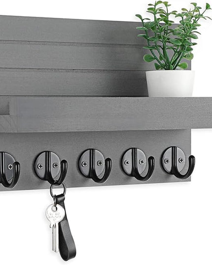 Lwenki Key Holder for Wall, Decorative Key and Mail Holder with Shelf Has Large Key Hooks for Bags, Coats, Umbrella – Paulownia Wood Key Hanger with Mounting Hardware (9.8”W x 6.7”H x 4.2”D)