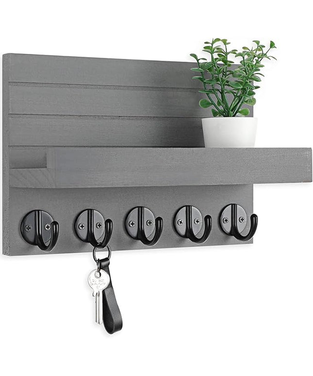 Lwenki Key Holder for Wall, Decorative Key and Mail Holder with Shelf Has Large Key Hooks for Bags, Coats, Umbrella – Paulownia Wood Key Hanger with Mounting Hardware (9.8”W x 6.7”H x 4.2”D)