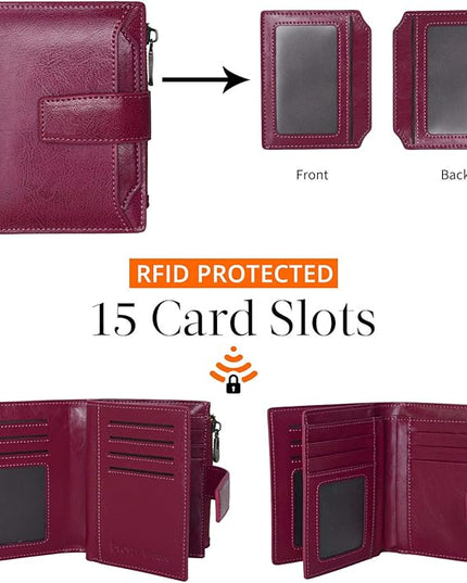 Bveyzi Women's Small Leather RFID Blocking Bifold Zipper Pocket Wallet Ladies Credit Card Slots Purse with id Window