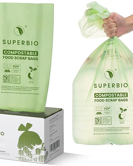 SUPERBIO 13 Gallon Compostable Kitchen Waste Bags, 50 Count, 1 Pack, Flat top Food Scrap bags, Certified by BPI and OK compost INDUSTRIAL, 49.2L, 0.87 Mil