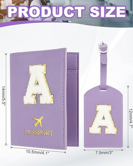 PATIKIL Passport Holder for Travel, Initial Passport Cover and Luggage Tag Set with Alphabet Chenille Letter Patch Travel Wallet Bag Suitcase Identifier for Women Family Travel Purple A