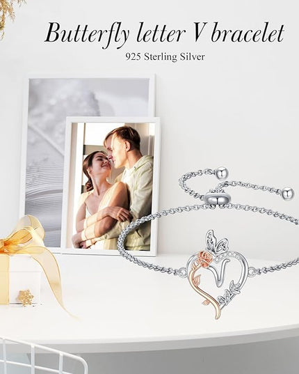 TOUPOP Gifts for Women Rose Heart Initial Bracelet 925 Sterling Silver Butterfly Letter Link Bracelet Love Jewelry Valentines Day Birthday Gifts for Her Wife Girlfriend Mom