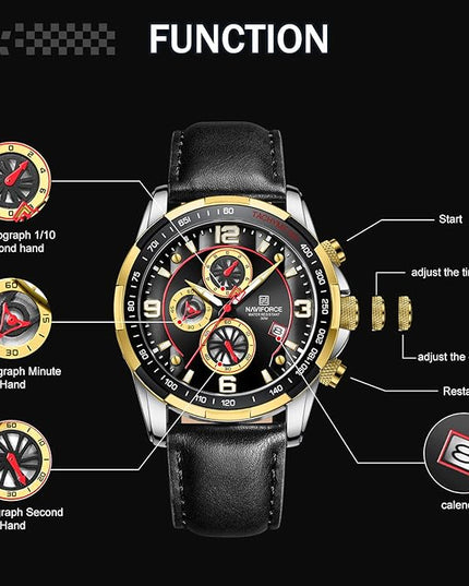 NAVIFORCE Sport Watches for Men Analog Quartz Chronograph Leather Strap Wrist Watch