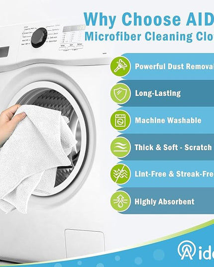 AIDEA Microfiber Cleaning Cloth-8PK, Soft Microfiber Towels for Cars, Absorbent Cleaning Rags, Lint-Free Streak-Free Wash Cloths for House, Kitchen, Window(12in.x16in), White