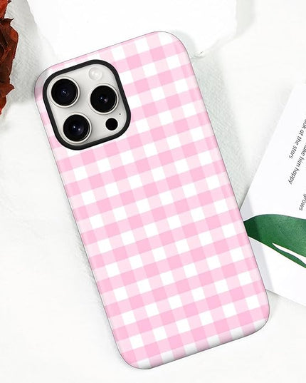 Magnetic for iPhone 15 Pro Max Case Cute Checkered Stripes Phone Case for Women Girls, Shockproof Slim TPU and Hard PC Protective Phone Cover Compatible with MagSafe Designed, Pink