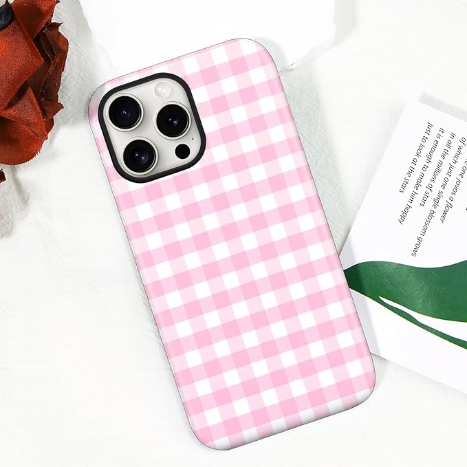Magnetic for iPhone 13 Pro Max Case Cute Checkered Stripes Phone Case for Women Girls, Shockproof Slim TPU and Hard PC Protective Phone Cover Compatible with MagSafe Designed, Pink