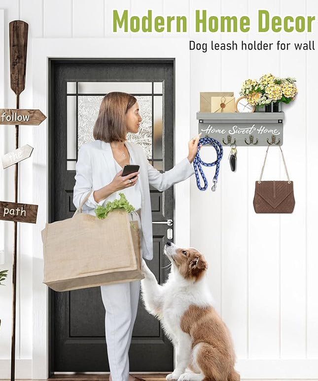 buways Key Holder Wall Mount with 4 Double Hooks-Solid Wood Wall-Mounted Organizer for Keys&Mail Rustic Key Rack Hanger Holder Home Decor for Entryway Living Room (Gray)