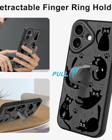 Cute Case for iPhone 16 Case with Finger Loop Stand, Kawaii Black Cats Pattern Design for Women Girls Boys, Full Camera Protection Protective Phone Cover with Hand Strap Kickstand
