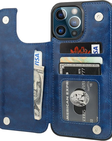 ONETOP Compatible with iPhone 13 Pro Max Wallet Case with Card Holder,PU Leather Kickstand Card Slots Case, Double Magnetic Clasp and Durable Shockproof Cover 6.7 Inch(Blue)