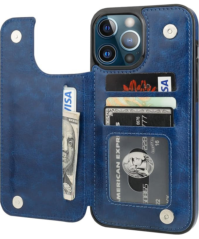 ONETOP Compatible with iPhone 13 Pro Max Wallet Case with Card Holder,PU Leather Kickstand Card Slots Case, Double Magnetic Clasp and Durable Shockproof Cover 6.7 Inch(Blue)