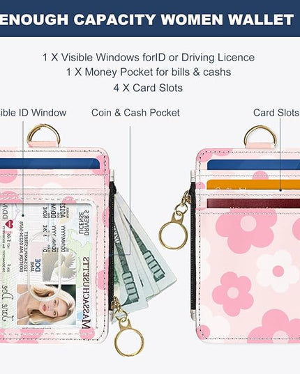 Slim Wallet Credit Card Holder, Pink Daisy, RFID Wallet Women Cute Small Front Pocket Wallet With Zipper, PU Leather Thin travel RFID Blocking Card Case ID Window,Ladies Gifts