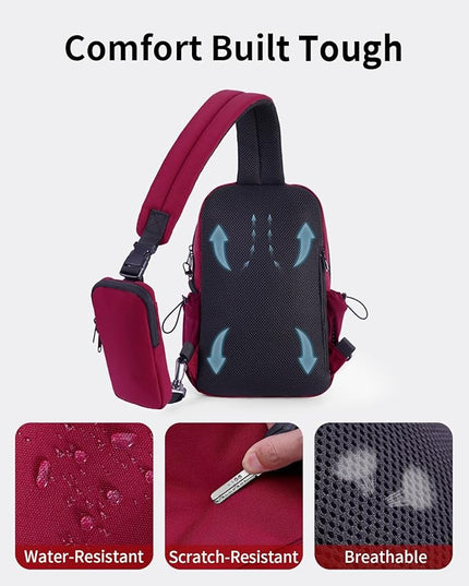 ECOHUB Anti-Theft Crossbody Bag Men Women, RFID Blocking Lightweight Sling Backpack Eco-Friendly with 9 Pockets Sturdy SBS Zippers Water Resistant for Travel Work Hiking Outdoor, Red