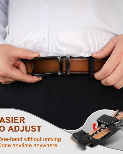 KEMISANT Men Belt 2 Pack, Leather Ratchet Belt Easy Click Slide For Men 1 3/8",Cut for Fit