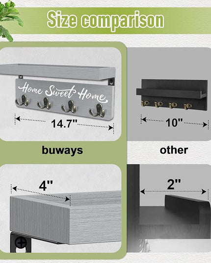 buways Key Holder Wall Mount with 4 Double Hooks-Solid Wood Wall-Mounted Organizer for Keys&Mail Rustic Key Rack Hanger Holder Home Decor for Entryway Living Room (Gray)