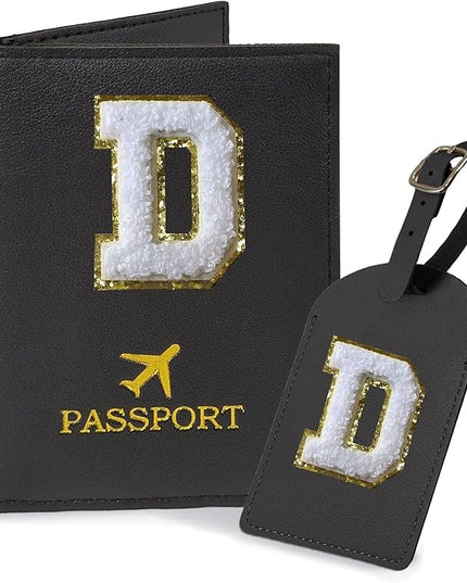 COSHAYSOO Black Initial Passport Cover and Luggage Tag Set TSA Approved with Chenille Letter Patch for Women Teenage Girls, Family Travel Passport Holder Bag Suitcase Cruise Ships Identifier(D)