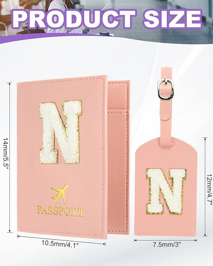 PATIKIL Passport Holder for Travel, Initial Passport Cover and Luggage Tag Set with Alphabet Chenille Letter Patch Travel Wallet Bag Suitcase Identifier for Women Family Travel Pink N