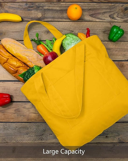 TOPDesign 1-Pack Canvas Tote Bags with an External Pocket, Reusable Grocery Shopping Bags, Top Zipper Closure, Daily Essentials (Yellow)