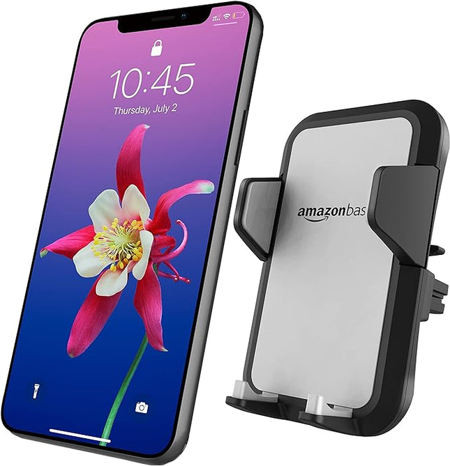 Amazon Basics Universal Portable Smartphone Holder for Car, Easy to Install Air Vent Mount, Adjustable and Secure, Grey