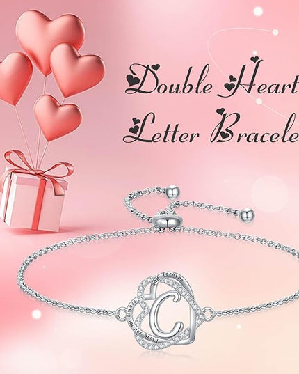 TOUPOP Gifts for Women Heart Initial Bracelet 925 Sterling Silver Double Heart Bracelet Birthday Jewelry Birthday Christmas Gifts for Her Wife Girlfriend
