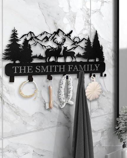 Personalized Key Holder for Wall - Custom Name Forest Deer Coat Rack Mount With Hooks, Metal Key Holder Decor, Key Hanger for Bedroom Kitchen Office