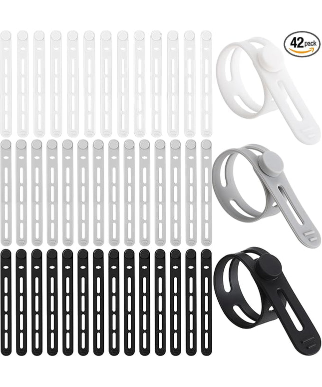 42 Pcs Silicone Cable Ties Reusable Cord Straps Multipurpose Elastic Cable Organizer for Bundling Fastening Earphone Phone Charger Home Office School(Black White Grey)