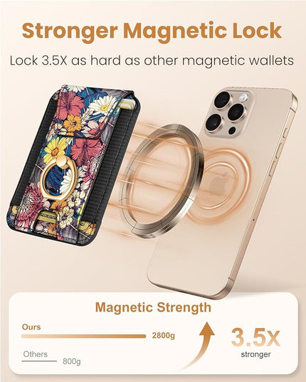 Shorogyt Compatible with Magsafe Wallet with Grip Magnetic Card Holder - Cute Phone Wallets with Ring Stand for iPhone 17/16/15/14/13/12 Series for Women Girls Purple Flower Design, Fit 7 Cards