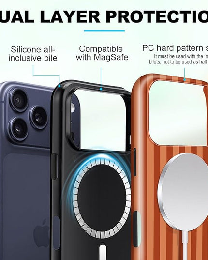 Magnetic for iPhone 17 Pro Case Cute Stripes Phone Case, Shockproof Slim TPU and Hard PC Protective Phone Cover Compatible with MagSafe Designed for Women Girls, Deep Brown