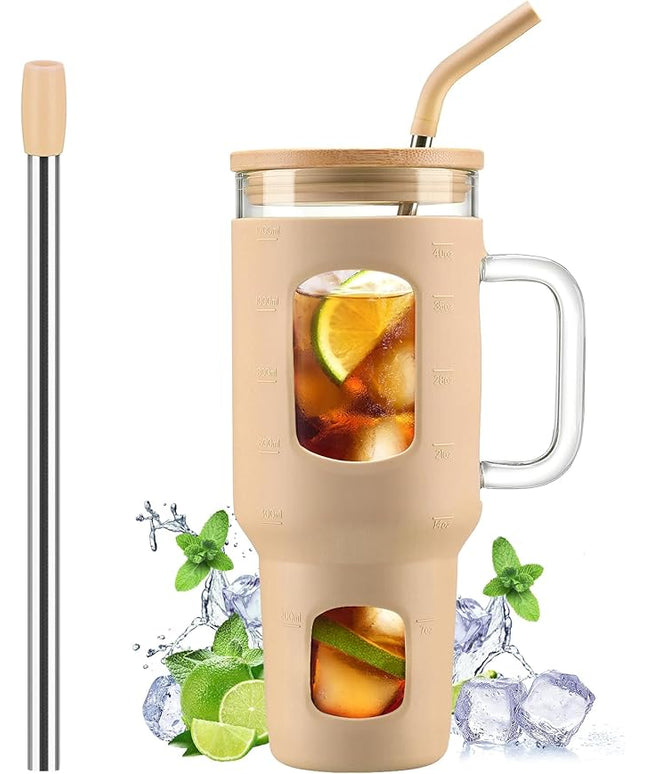 Glass Tumbler with Straw and Lid, 40 oz glass cup with handle, Glass Water Bottles with Time Marker, Silicone Protective Sleeve-Amber