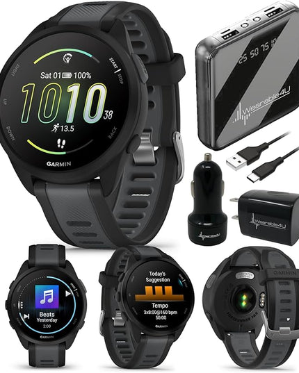 Wearable4U - Garmin Forerunner 165 Music Running Smartwatch, Colorful AMOLED Touchscreen, Training Metrics and Recovery Insights Includes PowerPack and Adapters Bundle, Black/Slate Gray