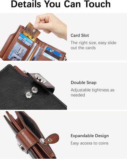 BOSTANTEN Women Leather Wallet Small RFID Blocking Bifold Zipper Pocket Wallet Card Case with ID Window Black＆Beige
