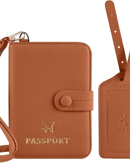 Passport Holder RFID Protected Wallet and Luggage Tag with Protection Cover Travel Accessories Leather Card Case Organizer for Women Men (Brown)