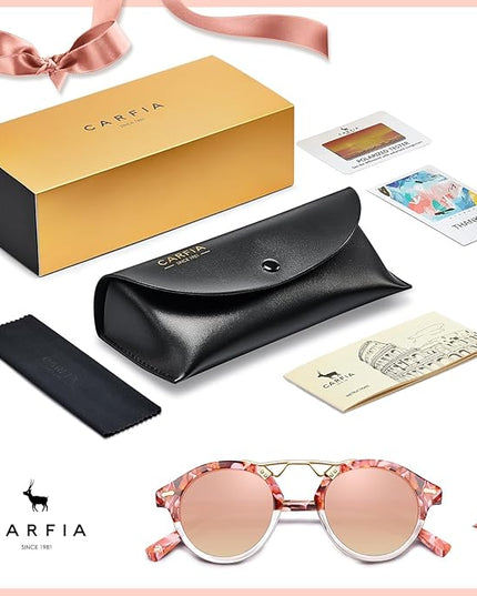 CARFIA Small Face Acetate Polarized Sunglasses for Women UV Protection, Retro Double Bridge Eyewears Metal Brow Round Sunnies