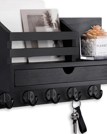 Lucundm Key Holder Wall Mount, Mail Holder with Storage Drawer and 5 Key Hooks for Coat, Dog Leash, Home Decor Rack, House Accessories, Entry Way Organizer