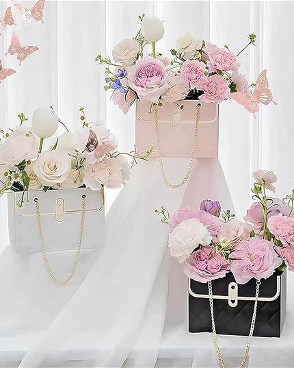 JHXTZ 10 Pack Flower Paper Gift Bags with 12pcs Rose Gold 3D Butterfly Decoration, Portable Floral Handbag Box with Metal Chain, Florist Carrier for Valentine's Day Birthday Gifts (Black)