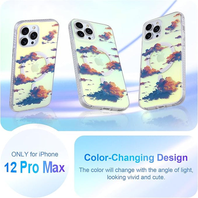 Cute Case for iPhone 12 Pro Max Case for Women Girls [ Compatible with Magsafe ] Aesthetic Cloud Pattern Design, Girly Glitter Sparkly Bling Protective Phone Cover, Iridescent Sun Set Sky